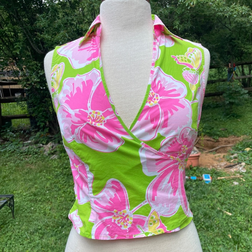 Vintage 90s Lilly Pulitzer Stretch Cotton Wrap Collared Shirt Size 2